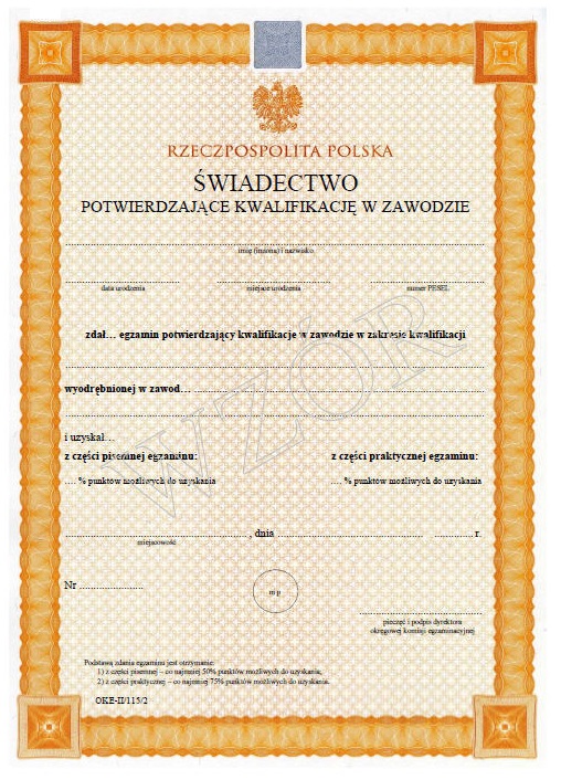 Świadectwo potwierdzające kwalifikacje       w zawodzie