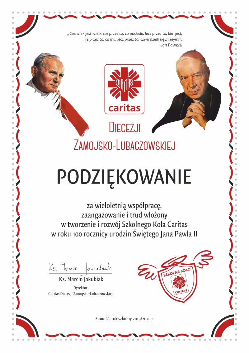 Podziękowanie dla Szkolnego Koła Caritas Podziękowanie dla Szkolnego Koła Caritas